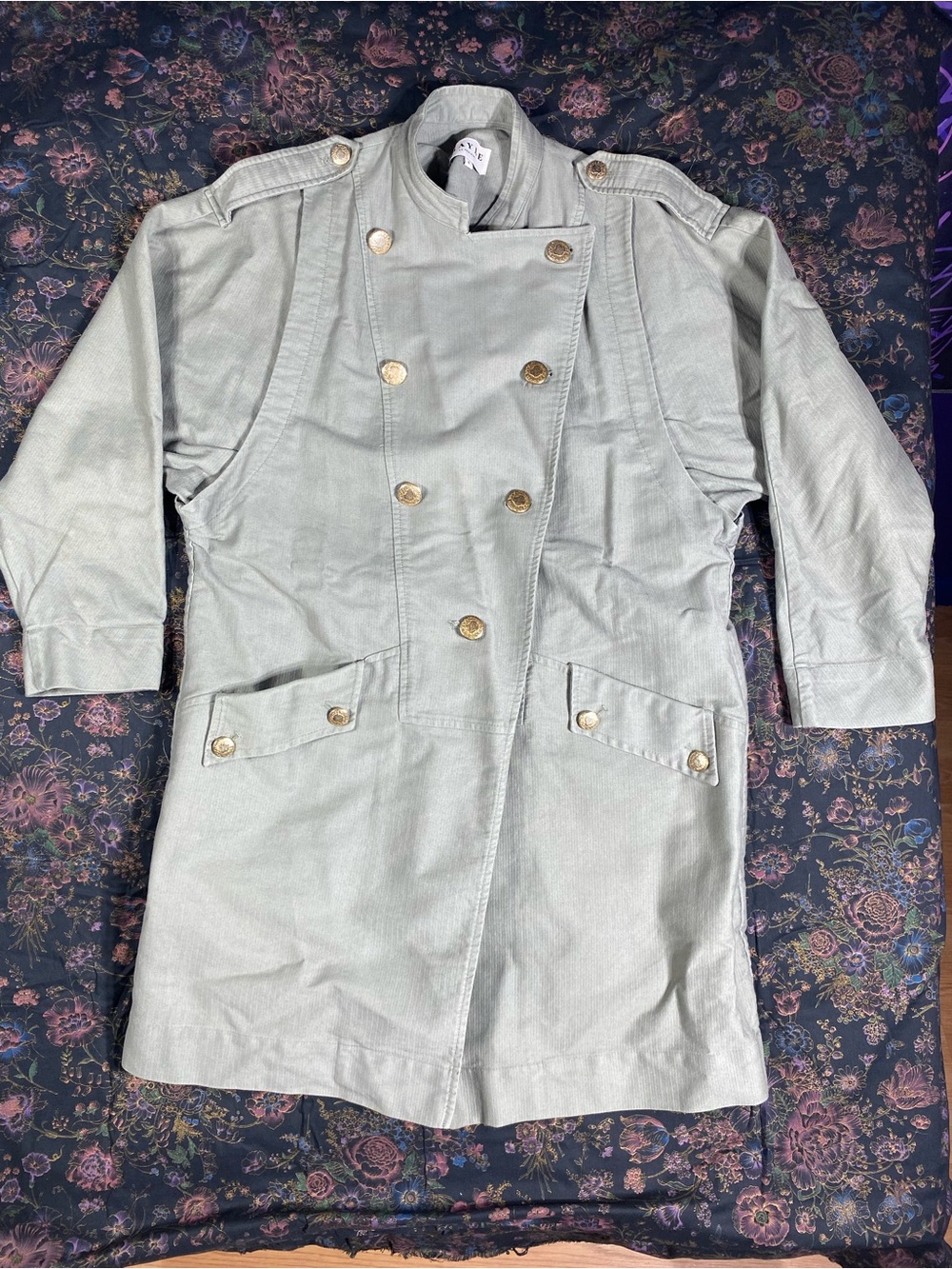 Mayle Light Sage Double-Breasted Trench Coat with Gold Buttons